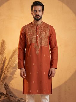 ETHNIC BAY - Men Orange Silk Blend Full Sleeves Kurta with Bottom