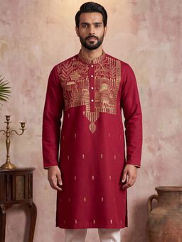 ETHNIC BAY - Men Red Silk Blend Full Sleeves Kurta with Bottom