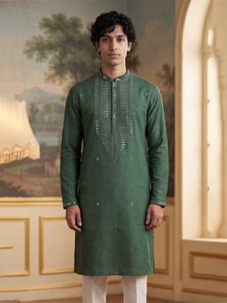ETHNIC BAY - Men Green Silk Blend Full Sleeves Kurta