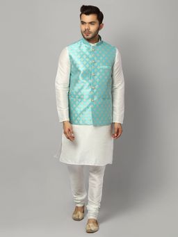 Uri and MacKenzie - Men Navy Blue Silk Blend Full Sleeves Kurta with Pyjama and Nehru Jacket