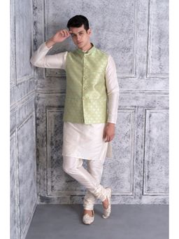 Uri and MacKenzie - Men Green Silk Blend Full Sleeves Kurta with Pyjama and Nehru Jacket