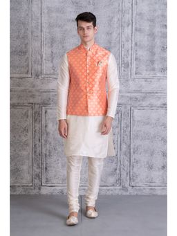 Uri and MacKenzie - Men Orange Silk Blend Full Sleeves Kurta with Pyjama and Nehru Jacket