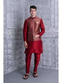 Uri and MacKenzie - Men Maroon Silk Blend Full Sleeves Kurta with Pyjama and Nehru Jacket
