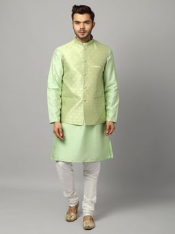 Uri and MacKenzie - Men Green Silk Blend Full Sleeves Kurta with Pyjama and Nehru Jacket