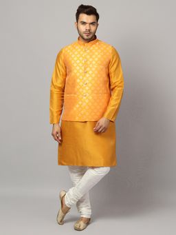 Uri and MacKenzie - Men Yellow Silk Blend Full Sleeves Kurta with Pyjama and Nehru Jacket