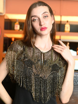 Odette - Black and Gold Net Embroidered Cape for Women