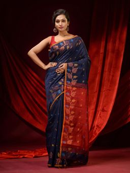 CHARUKRITI - Midnight Blue Blended Cotton Woven Buttas & Foliage Borders Saree with Unstitched Blouse