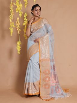 CHARUKRITI - Cloud Grey Cotton Handspun Zari Woven Designs & Motifs Saree with Unstitched Blouse