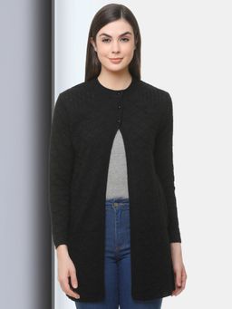 CLAPTON - Womens Wool Blend Black Full Sleeve Solid Self Design Round Neck Cardigan