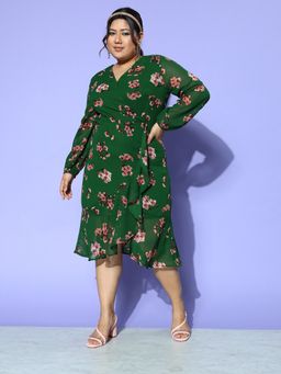KASSUALLY - CURVE BY KASSUALLY Green Wrap Neck Layerd Dress