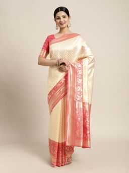 Akhilam - Women Silk Blend Off White Designer Saree with Unstitched Blouse