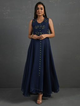 Sonal Kabra - Indigo Hand Embroidered Sleeveless Kurta (Set of 2)