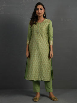 Sonal Kabra - Green Block Printed Handwoven Chanderi Kurta with Mul Slip And Pant (Set of 3)
