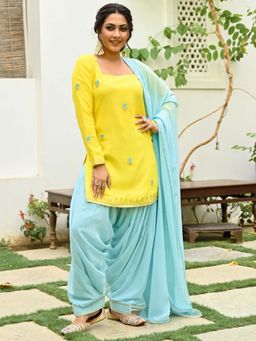 Lavanya The Label - Yellow and Blue Kurta & Patiala (Set of 3)