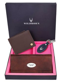 WILDHORN - Premium Leather Ladies Wallet, Mens Wallet and Keychain Gift -1K_CR_2052BRN_K (Set of 3)
