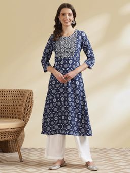 Rangita - Women Rayon Blue Embroidered Calf Length A-Line Kurta