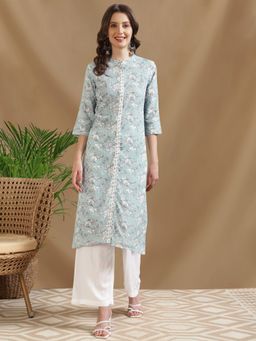 Rangita - Women Rayon Blue Printed Calf Length A-Line Kurta