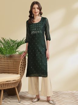 Rangita - Women Chanderi Green Embroidered Calf Length Straight Kurta