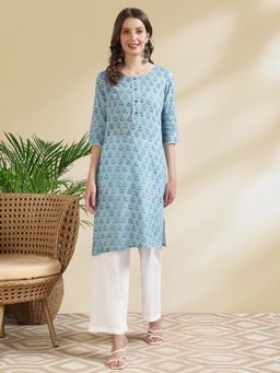 Rangita - Women Cotton Light Blue Printed Knee Length Straight Kurta
