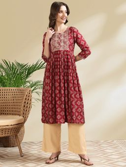 Rangita - Women Chanderi Maroon Embroidered Calf Length Nayra Kurta