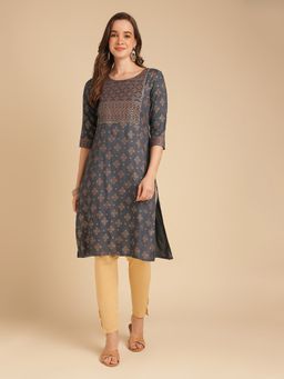 Rangita - Women Rayon Dark Grey Printed Calf Length Straight Kurta