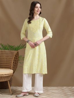 Rangita - Women Rayon Yellow Embroidered Calf Length A-Line Kurta