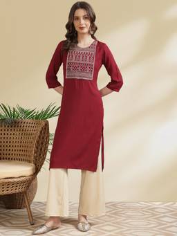 Rangita - Women Rayon Maroon Embroidered Calf Length Straight Kurta