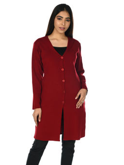 Creative Line - Maroon Wool Solid V-neck Cardigans