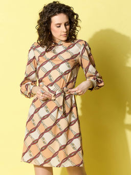 StyleStone - Womens Brown Belt Printed Mandarin Collar Shift Dress