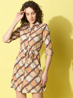 StyleStone - Womens Brown Belt Printed Shirt Collar Shift Dress