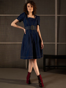 StyleStone - Womens Blue Denim Flared Dress With Belt
