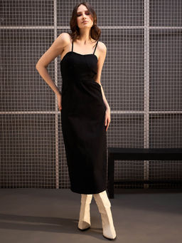 StyleStone - Womens Black Denim Corset Style Strap Midi Dress with Slit