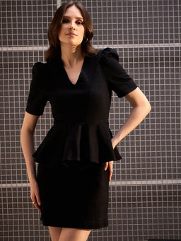 StyleStone - Womens Black Denim Peplum Style Stretch Dress