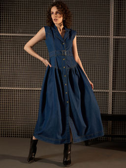 StyleStone - Womens Blue Denim Midi Dress with Lapel and Belt