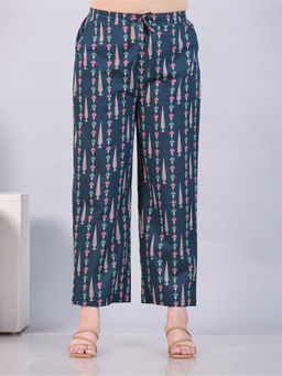 ARAMYA - Women Teal Soft Cotton Floral Pant