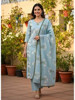 GOPIPREM - Blue Pure Cotton Kurta and Pant and Dupatta