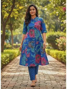 GOPIPREM - Blue Pure Cotton Kurta with Pant