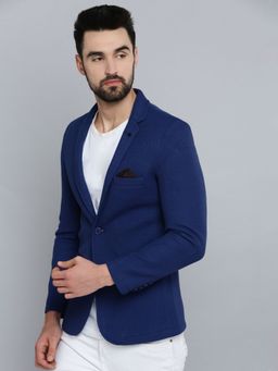 SHOWOFFFF - Men Notched Lapel Blue Self Design Blazer