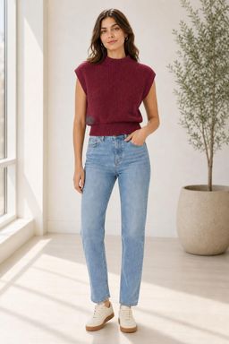 Cider - Maroon Solid High Neck Knit Vest Top