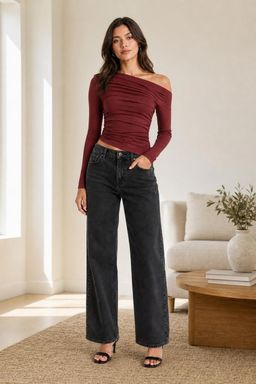 Cider - Maroon Solid Asymmetrical Neck Long Sleeve Top