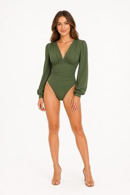 Cider - Green Jersey V Neck Solid Ruched Bodysuit