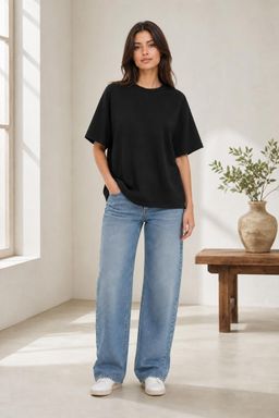 Cider - Black Round Neckline Solid Short Sleeve T-Shirt