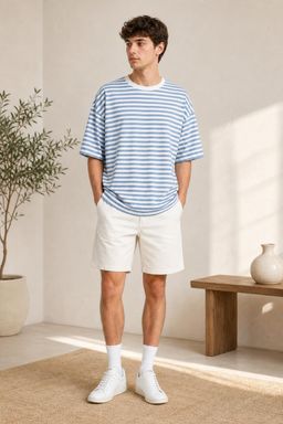 Cider - Blue Cotton Blend Round Neck Striped Oversized Short Sleeve Tee
