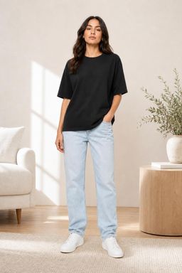 Cider - Black Round Neckline Solid Short Sleeve Oversized Tee