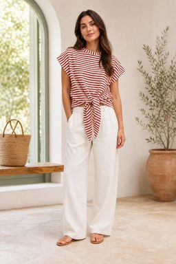 Cider - Red Round Neckline Stripes Knotted Short Sleeve Tee
