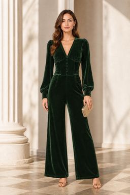 Cider - Velvet V-Neck Corset Wide Leg Jumpsuit