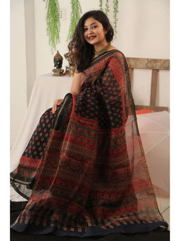 BEGUM BELIYA - Tara Black-Red Ajrakh Chanderi Saree with Unstitched Blouse