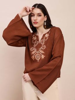 Globus - Women Brown Embroidered V-Neck Bell Sleeves Top