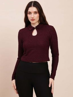 Globus - Women Burgundy Collared Keyhole Neck Long Sleeves Self Design Top