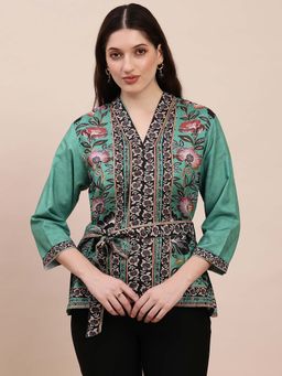 Globus - Women Teal V-Neck Floral Print Top with Belt